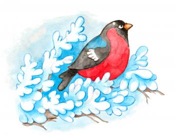 Watercolor Christmas background with bullfinch