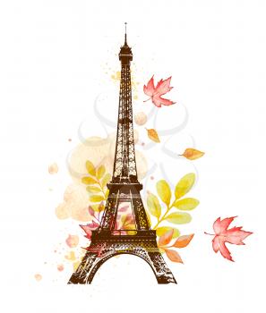 Romantic background with autumn watercolor leaves and Eiffel Tower