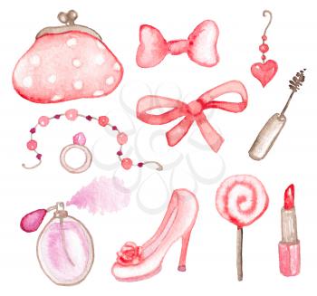 Set of pink romantic watercolor design elements
