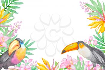 Watercolor background with tropical birds and flowers