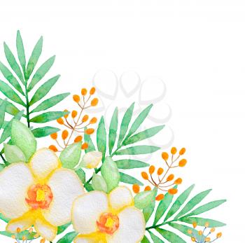 Watercolor background with yellow orchids and green leaves