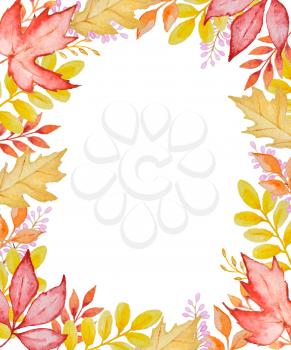Watercolor floral frame with red and orange autumn leaves