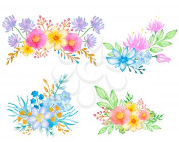Hand drawn watercolor decorative posies of flowers