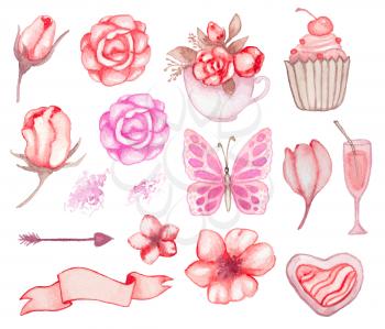 Set of pink romantic watercolor design elements