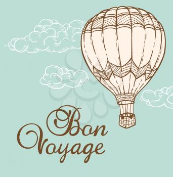 Vintage background with air balloon flying in the sky. Hand drawn vector illustration.