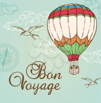 Green vintage background with air balloon flying in the sky. Hand drawn vector illustration.