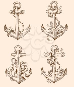 Set of hand drawn vector vintage anchors