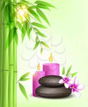 Vector background with green bamboo, spa stones and pink candles. 