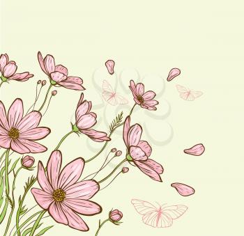 Decorative background with pink cosmos flowers and butterflies. Hand drawn vector illustration.