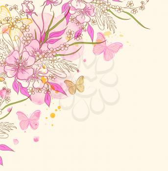 Abstract vector floral background with flowers, butterflies and pink watercolor blots
