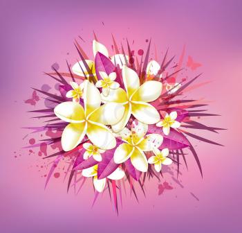 Abstract floral background with tropical flowers. Bouquet of tropical flowers on a pink background.