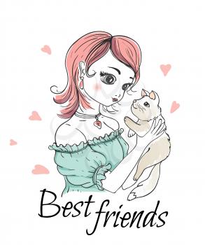 Cute  young girl with cat. Vector hand drawn illustration.