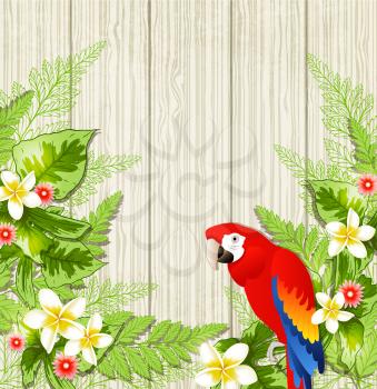 Summer background with tropical flowers and parrot. Vector illustration.