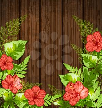 Summer background with green tropical leaves and flowers. Vector illustration.