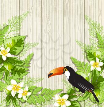 Summer background with tropical flowers and toucan. Vector illustration.