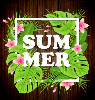 Green tropical leaves and flowers on a wooden background. Vector summer floral frame.