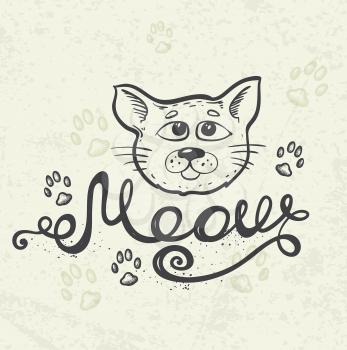 Background with cat muzzle and lettering Meow. Hand drawn vector illustration.