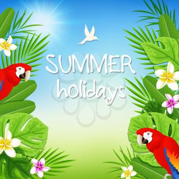 Green tropical leaves, flowers and red parrots. Vector banner with Summer holidays  lettering.