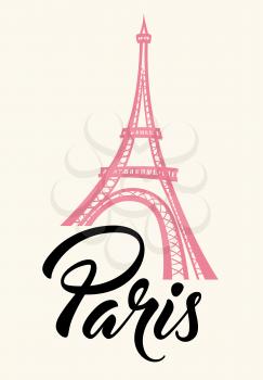 Pink Eiffel Tower and lettering Paris. Travel concept.