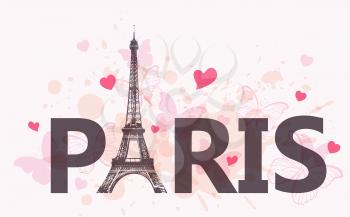 Abstract travel background with Eiffel Tower, hearts and pink butterflies. Vector illustration.
