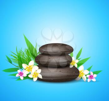 Blue vector background with green leaves, spa stones and tropical flowers.