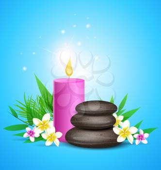 Blue vector background with green leaves, spa stones and pink candles. 