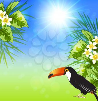 Summer background with green tropical leaves and toucan. Vector illustration.
