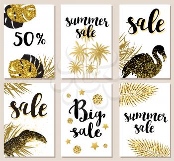 Set of summer tropical glitter vector cards for seasonal sale