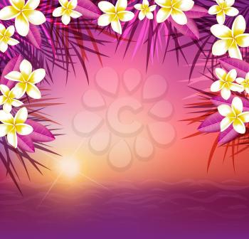 Summer tropical background with palm leaves and flowers. Tropical sunset and sea.