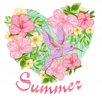 Pink tropical flowers and bird. Summer background with floral heart.