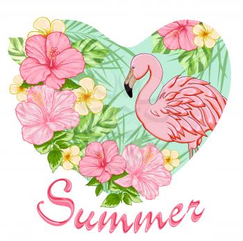 Pink tropical flowers and flamingo. Summer background with floral heart.