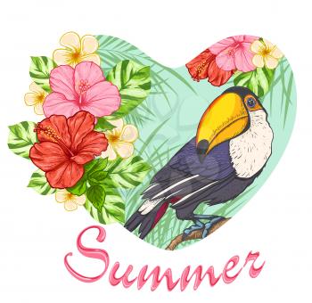 Pink tropical flowers and toucan. Summer background with floral heart.