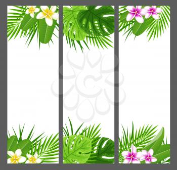 Vertical tropical banners with flowers and leaves. Summer floral vector nature backgrounds.