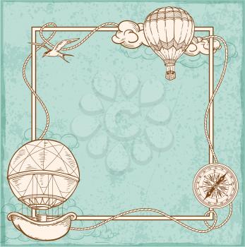 Vintage frame with air balloons flying in the sky. Hand drawn vector illustration.