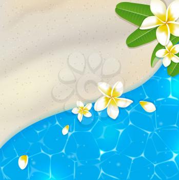 Sandy beach and blue sea water. Tropical vector background with flowers.