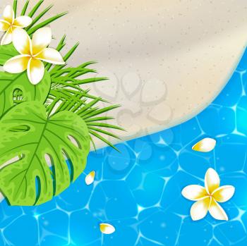 Sandy beach and blue sea water. Tropical vector background with flowers and green leaves.