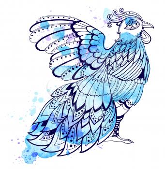 Hand drawn decorative bird with blue watercolor texture. 