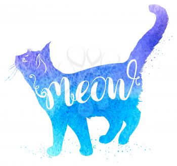 Background with blue watercolor cat and lettering Meow. Hand drawn vector illustration.