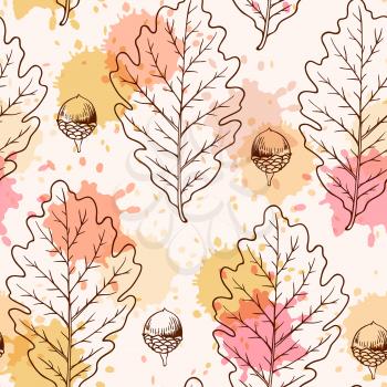 Autumn seamless pattern with oak leaves and acorns. 