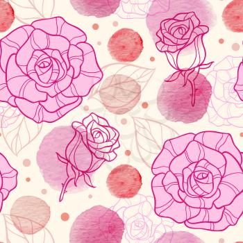 Abstract vector seamless pattern with pink watercolor blots and roses