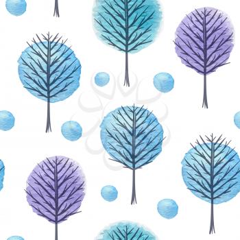Abstract vector seamless pattern with blue watercolor blots and tree. Winter background.
