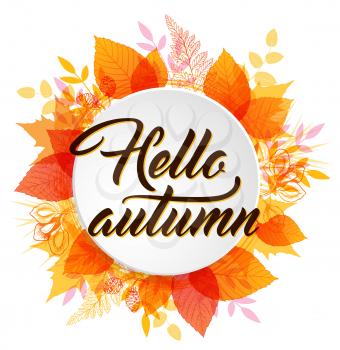 Abstract autumn banner with orange and yellow falling leaves. Hello autumn lettering.