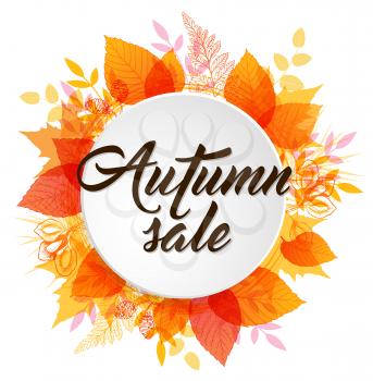 Abstract autumn banner with orange and yellow falling leaves. Autumn sale lettering on a white round background.