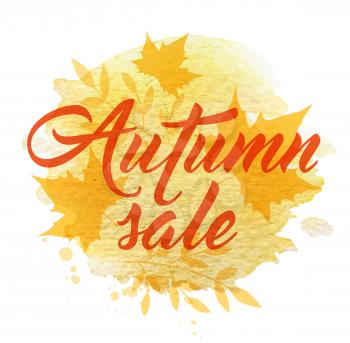 Abstract autumn background with yellow falling maple leaves. Autumn sale lettering and watercolor texture.