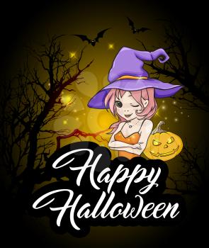 Cute young witch and pumpkin. Halloween greeting card. Happy Halloween lettering. Vector illustration. 