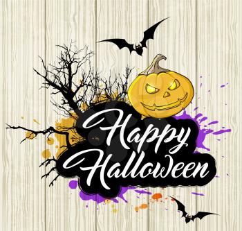 Halloween background with silhouette of tree and pumpkin. Happy Halloween lettering.
