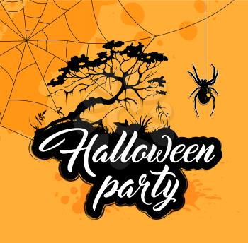 Halloween background with silhouette of tree and spider. Invitation for Halloween party.
