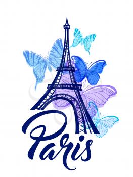 Romantic background with Eiffel Tower and blue butterflies. Vector illustration.