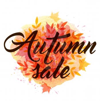 Abstract autumn background with yellow and red falling leaves. Autumn sale lettering and orange watercolor blots.