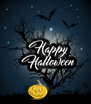 Halloween background with silhouette of tree and pumpkin. Happy Halloween lettering.